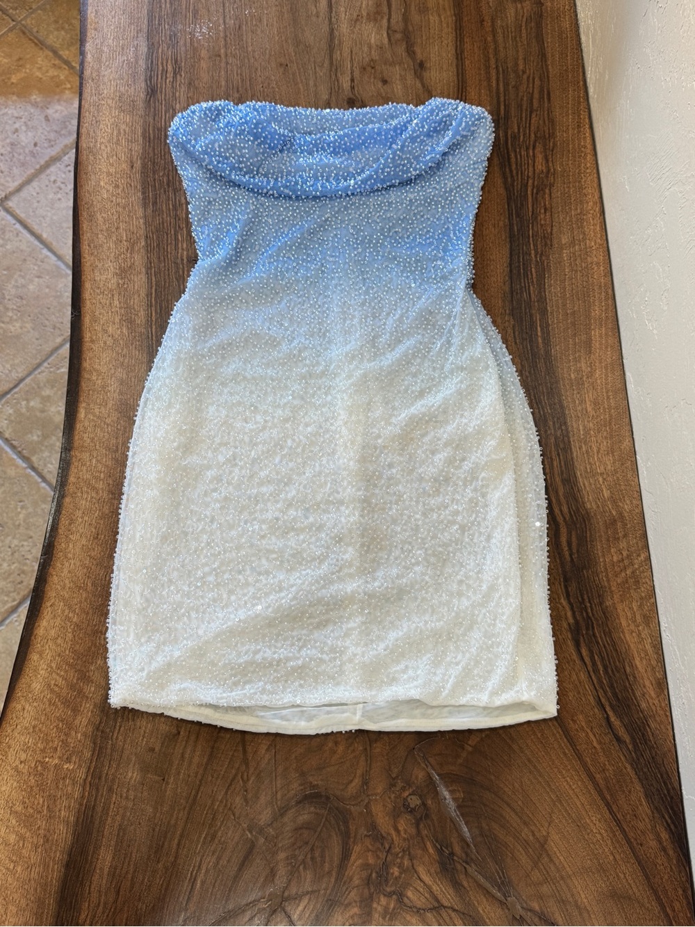 Oh Polly Strapless Beaded Ombre Mini Dress in Light Blue and White - Picture 1 of 4